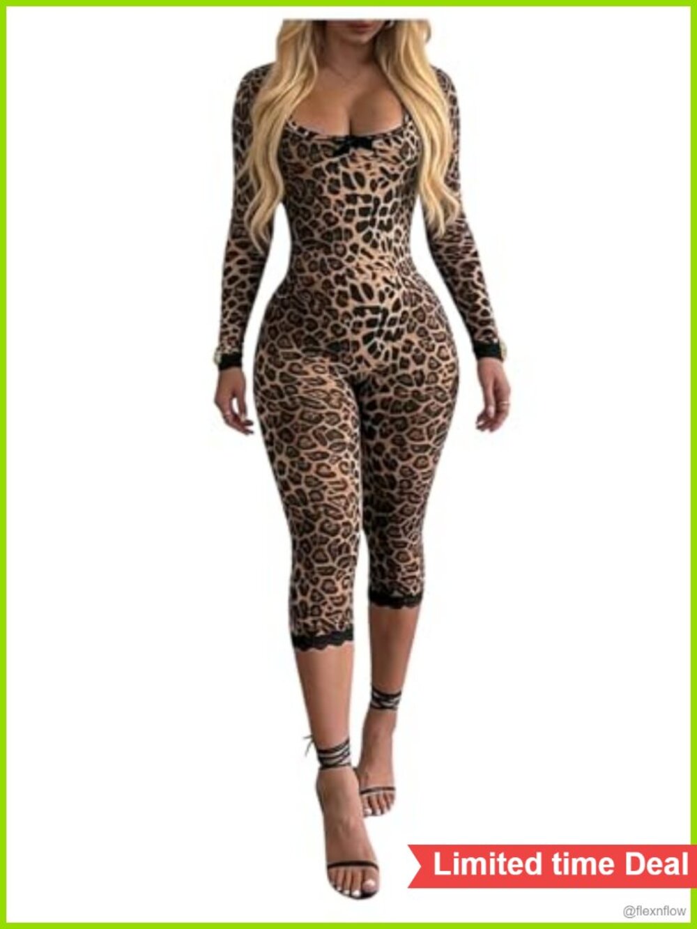 Leopard Capri Jumpsuit Long Sleeve Lace Trim Scoop Neck Open Back